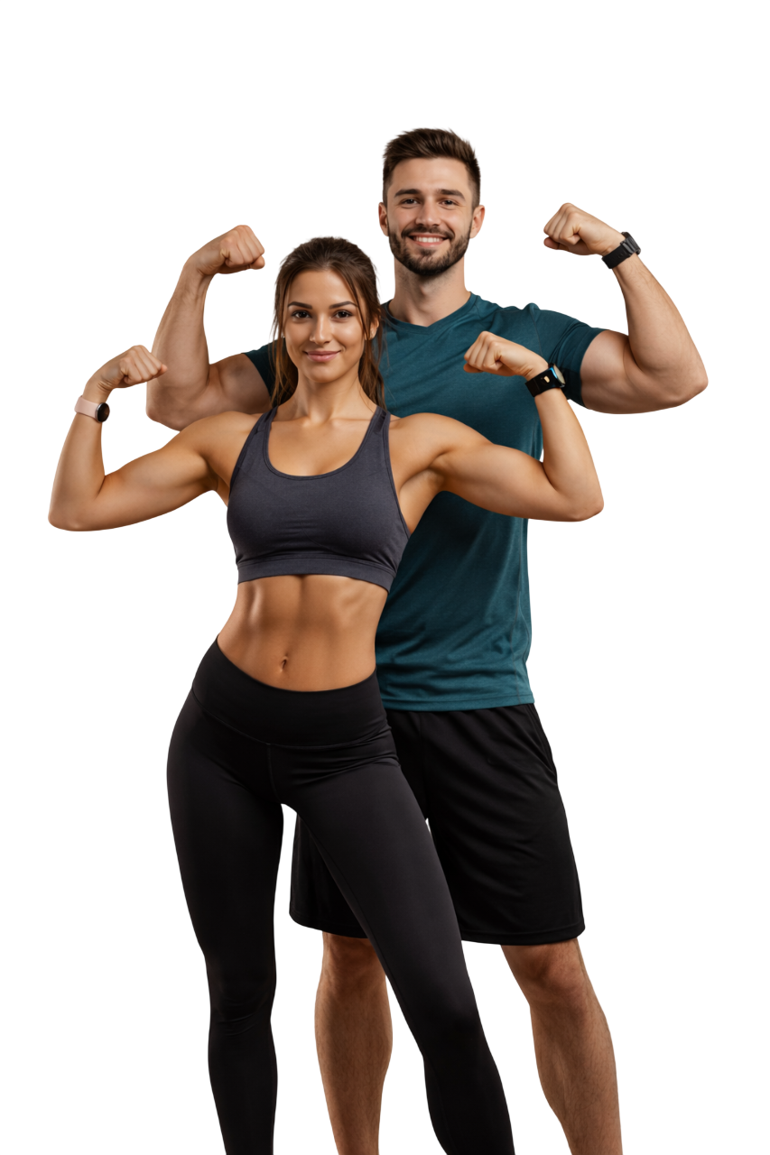 Two athletes flexing after training