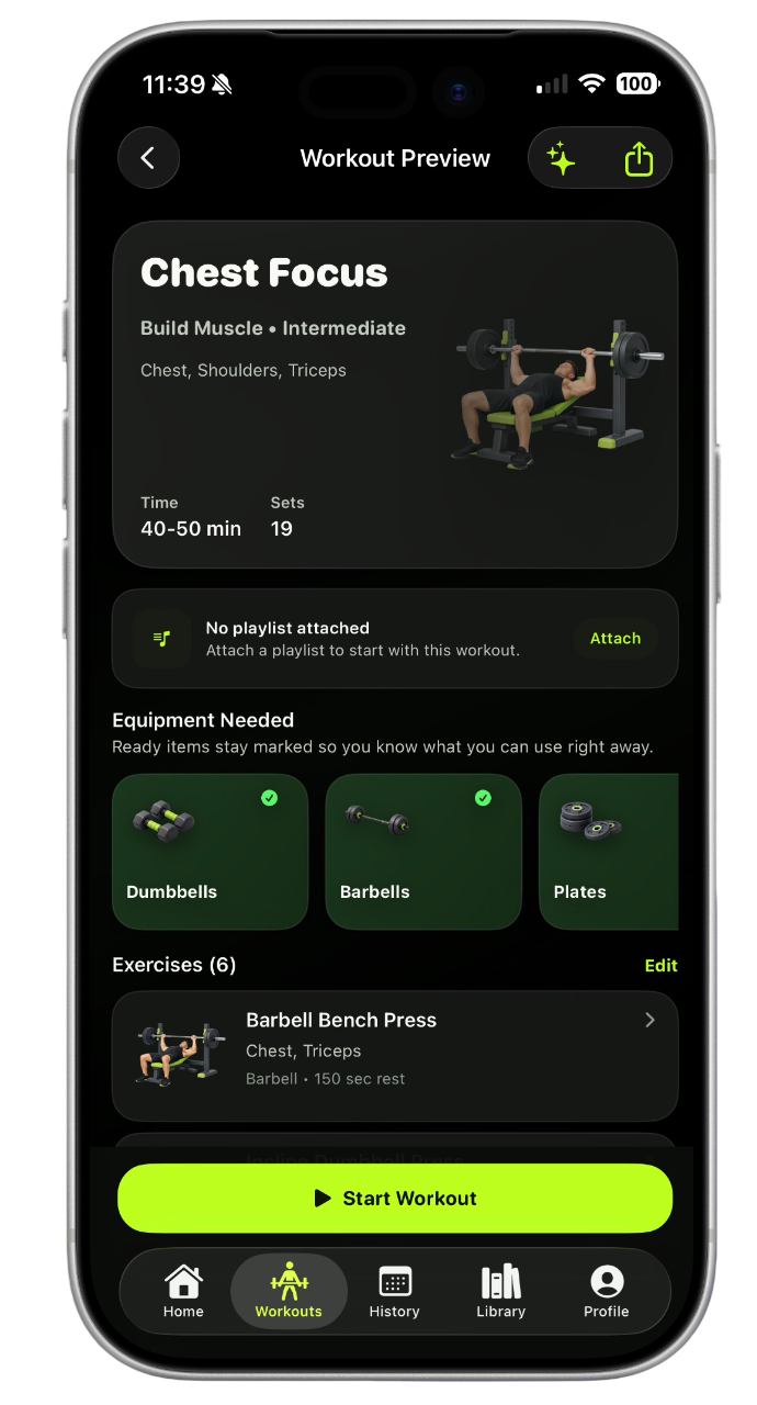 Trackr workout preview screen